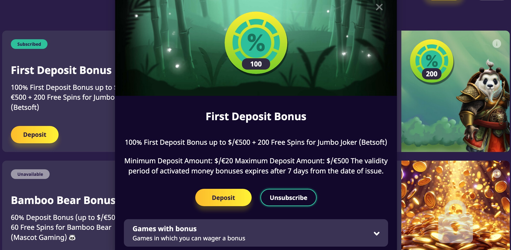 Bonus de premier dépôt du casino Fat Panda