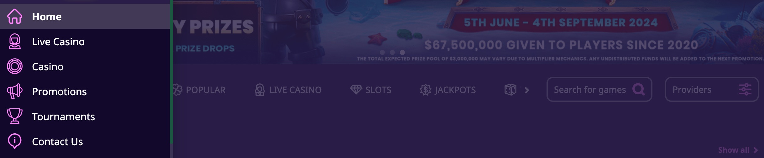 Fat Panda Casino Website Menu