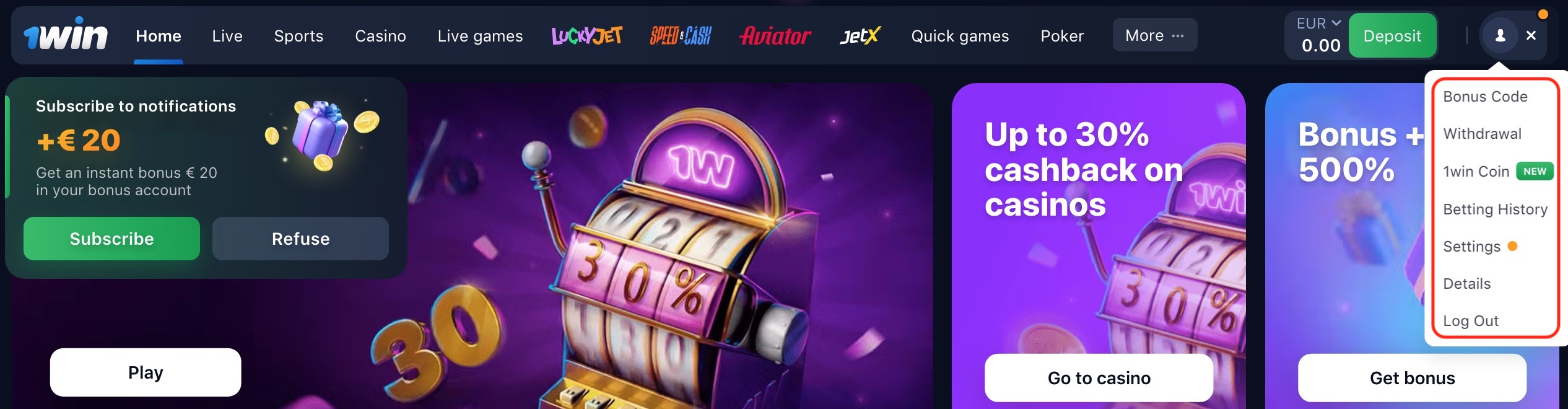 1Win Casino osebni račun