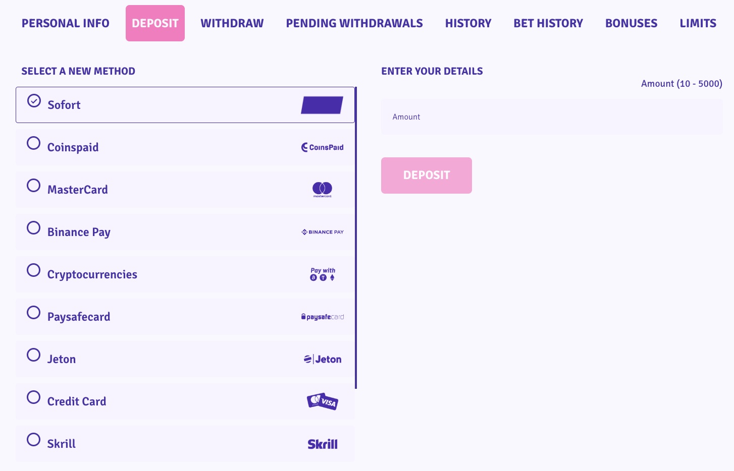 Sugar Casino Deposit Methods