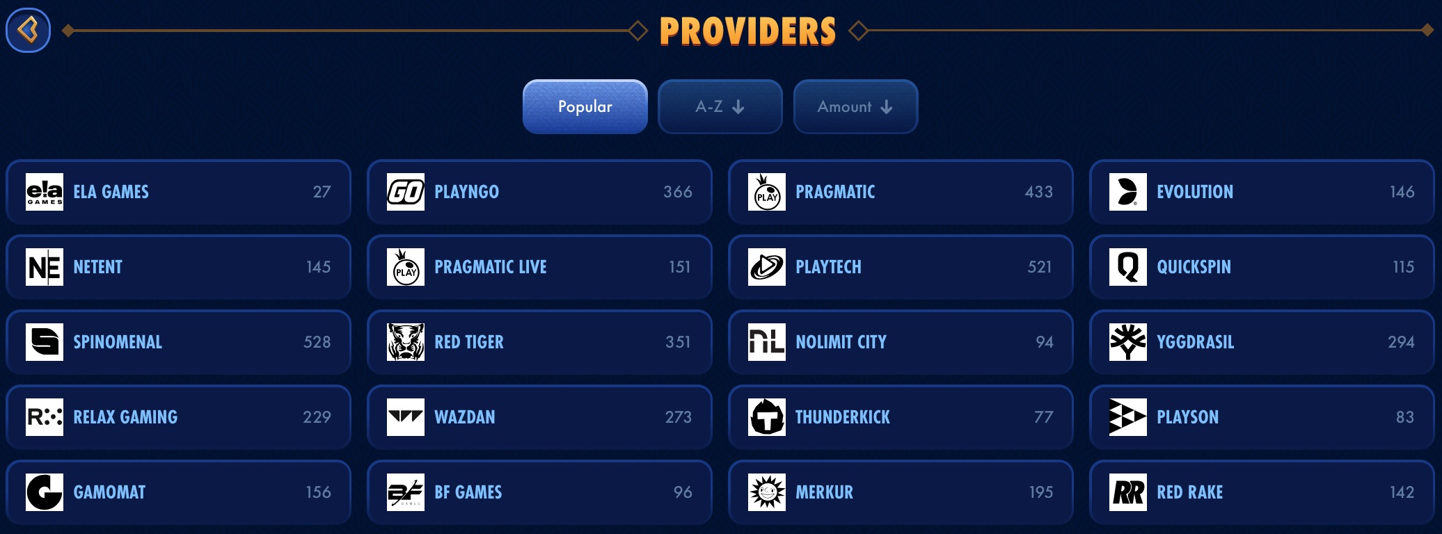 Wingaga Casino Game Providers