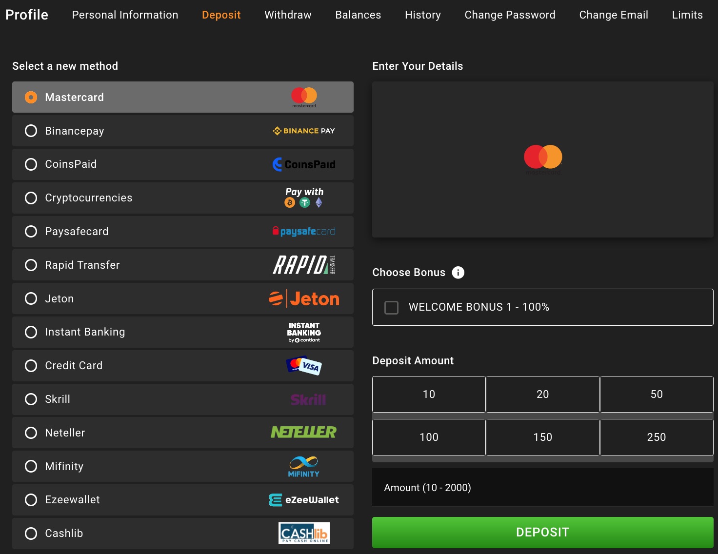 Vegadream Casino Deposit Methods